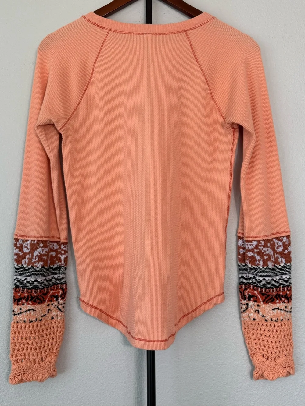 Free People In The Mix Cuff Thermal Top Desert Orange Combo Boho Women L